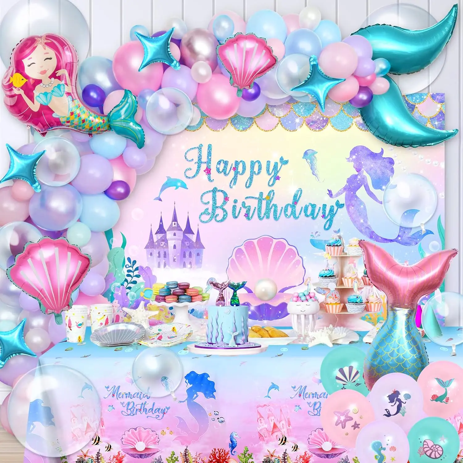 133-Pcs Little Mermaid Party Supplies for Girls, Pink Balloon Garland, Backdrop & Party Decor