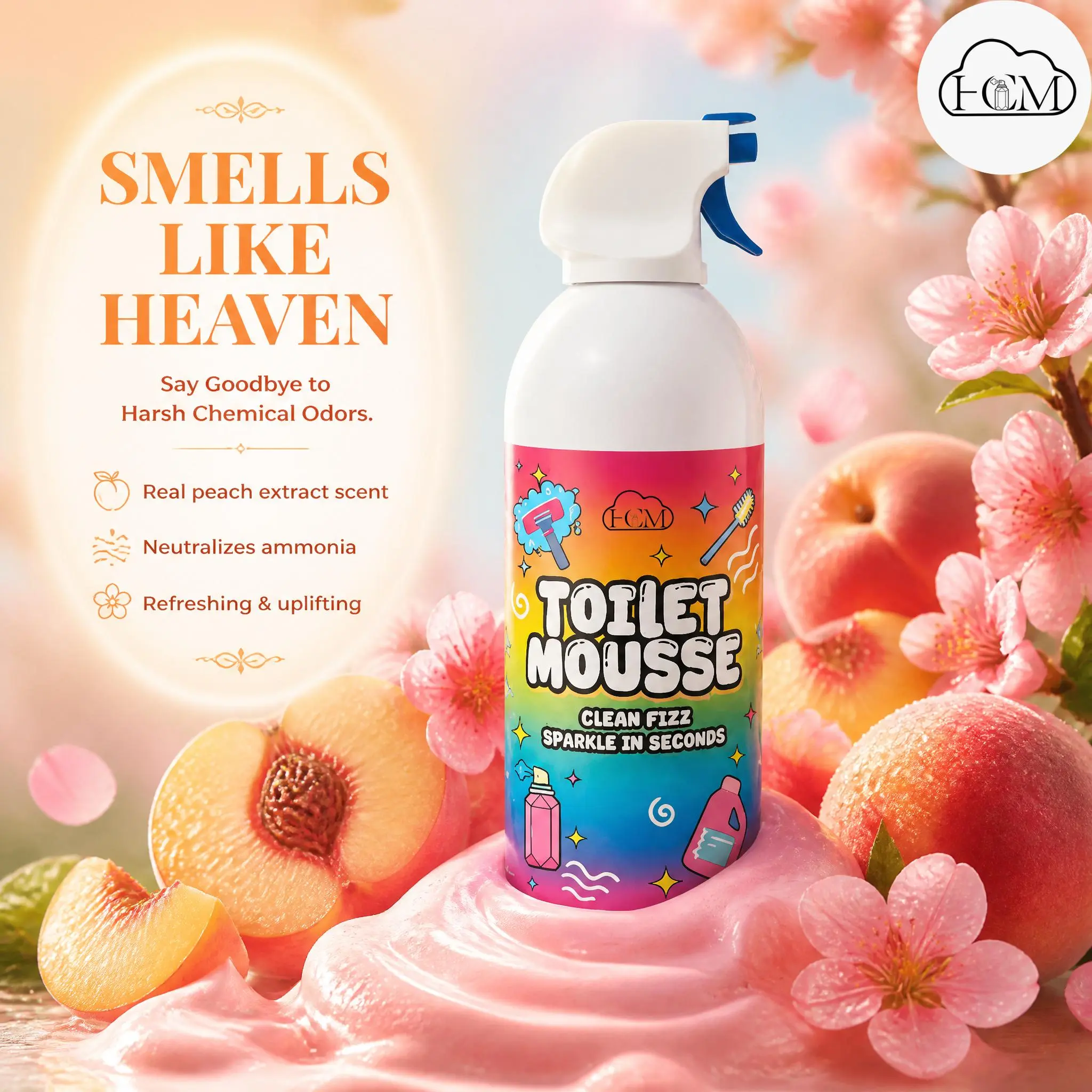 HCM Scented Multi-Purpose Household Foam Mousse Spray Cleaner, 370 ml, Peach Fragrance, Gentle & Safe for Home Surface Cleaning