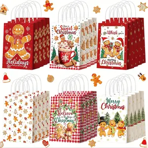 Gingerbread Party Bags - Festive Gingerbread Man Pattern, Joyful Design - Sturdy Paper Bags with Handles Candy Packaging, Suitable Cookies, Nuts - Holiday Party Decoration, Gifts, Classroom Exchange - Red/Green/Gold/White