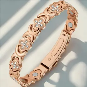 Lucky Clover Bracelet, zircon Rose-Tone Copper Magnetic Cuff, Unisex Casual Style, All Seasons Wear, Copper Chain magnetic field therapy jewelry
