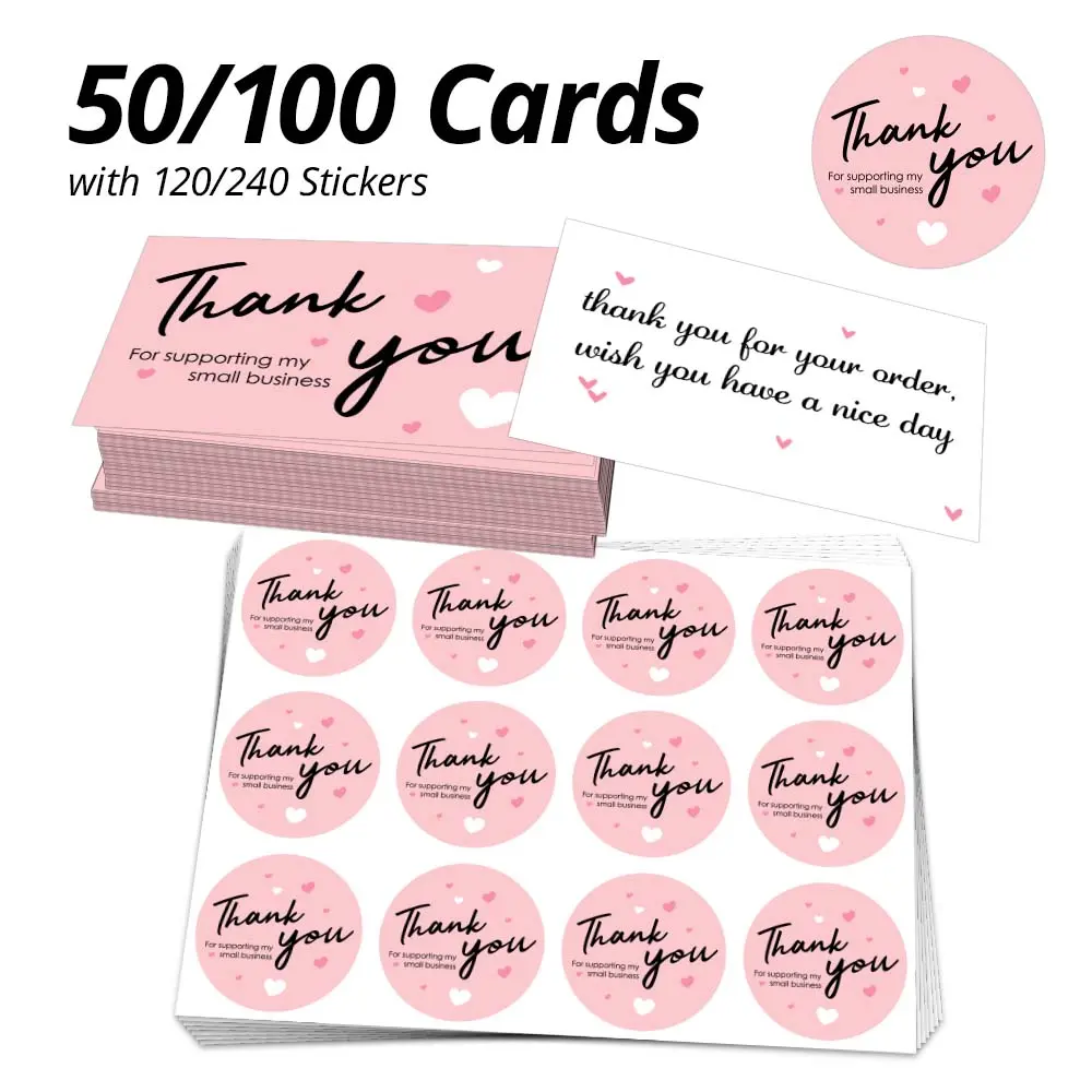 Thank You Cards Set with Stickers, 50-100pcs Thank You Cards & 120-240pcs Stickers, 9x5.4cm Card, 3.8cm Sticker, Ideal for Online Stores