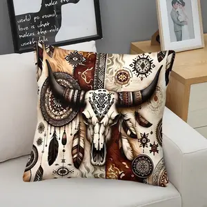 Tribal Cow Skull Pattern Print Throw Pillow, Southwestern Boho Feather & Aztec Pattern Cushion, 18x18 Inch Vintage Western Style, Soft Fabric, Perfect for Living Room Sofa, Bedroom, Dorm, and Bohemian Rustic Home Decor. Includes Pillow Core.