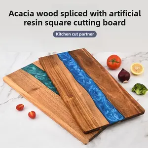 Acacia wood spliced with artificial resin square cutting board, unique and beautiful river pattern, comfortable to hold with rounded edges, double-sided can be used for cutting raw and cooked, cheese and vegetable cutting board, Wooden Chopping Board