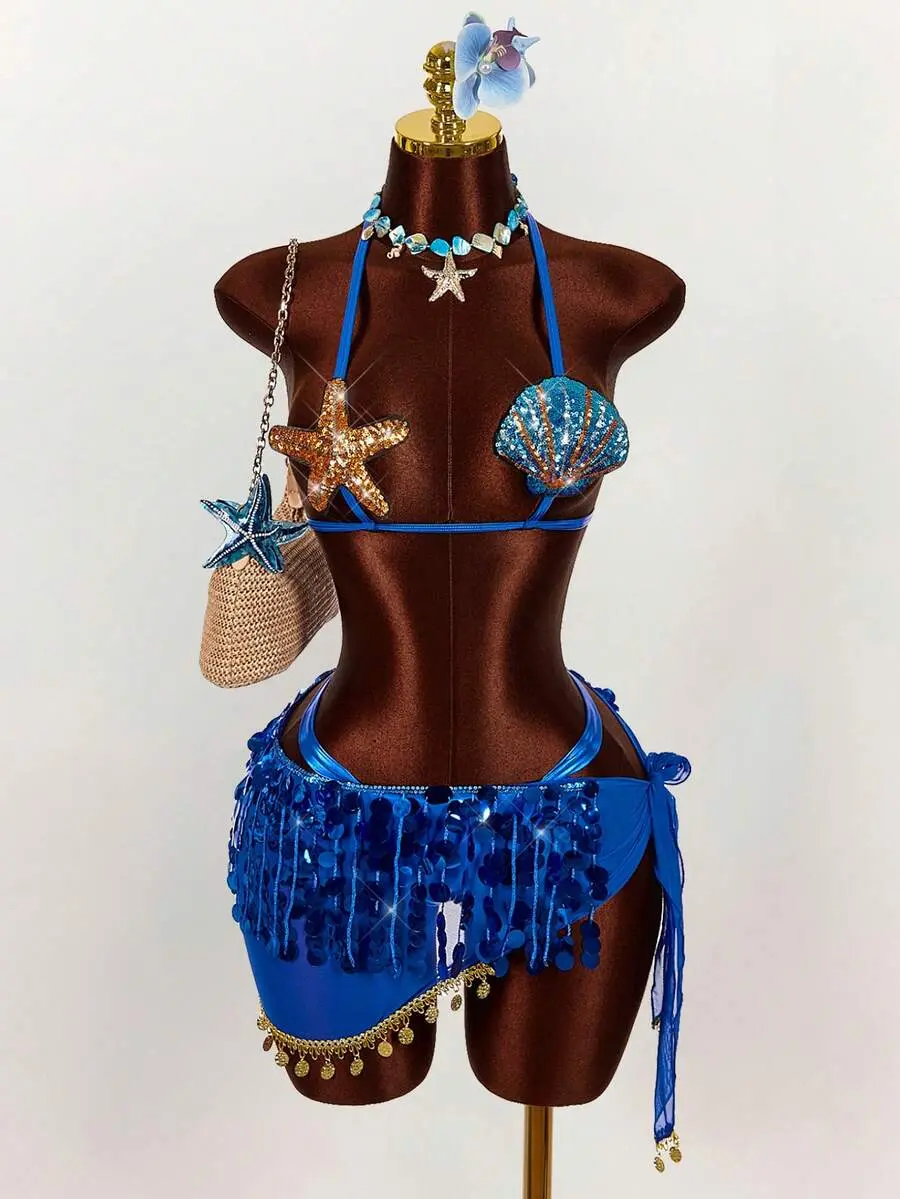 Women's 3-Pieces Starfish & Shell Detail Bikini Set with Beaded Skirt - Sexy Bathing Suit, Swimsuit for Women, Tropical Clothing, Resort Wear for Vacation, Music Festival