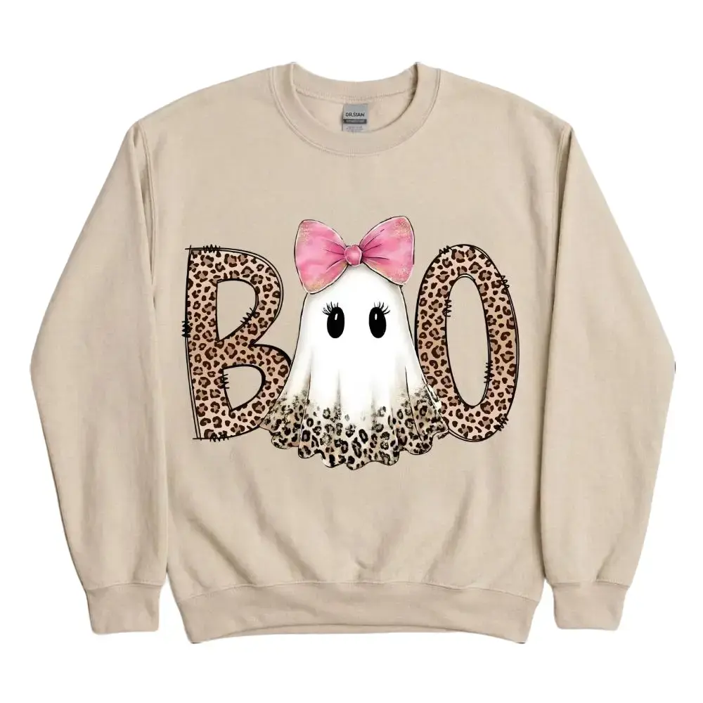 Preppy Ghost Boo Sweatshirt Leopard Spooky Coquette , Leopard Ghost shirt, Halloween, Trendy Halloween , Pumpkin