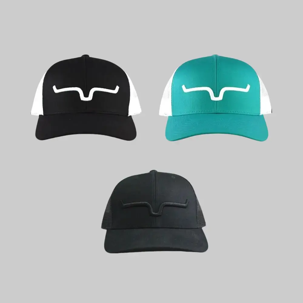 [Pack 2] Kimes Ranch Trucker Hat for Men & Women, Adjustable Mesh Back Snapback Baseball Cap, Western Hat with Iconic Horns Logo, Outdoor, Ranch, Hiking & Casual Wear