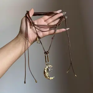 Boho Moon & Star Body Chain| Adjustable Brown Cord Layering Accessory for Festival & Everyday Outfits handmade unique girlfriend gift personality trend elegant charm long chain