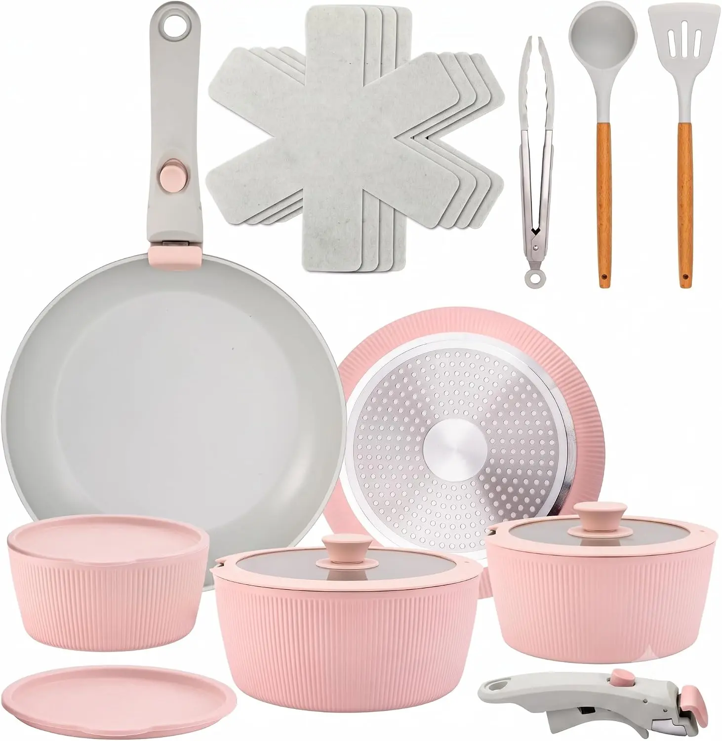 Nutrichef 18-Piece Nonstick Ceramic Cookware Set with Detachable Handles, Pots and Pans, Ptfe-Free Natural Ceramic Coating, Oven & Stove Safe, Includes Utensils, Pink NutriChef
