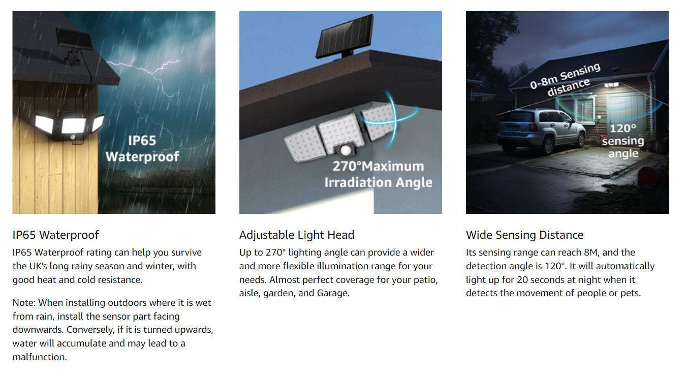 Lepro Solar Security Lights Outdoor Motion Sensor, 2 in 1 Separated and Integrated Remote Control IP65 Waterproof Solar Lights with 2 Light Modes, 3 Heads Floodlight for Garden Yard Garage