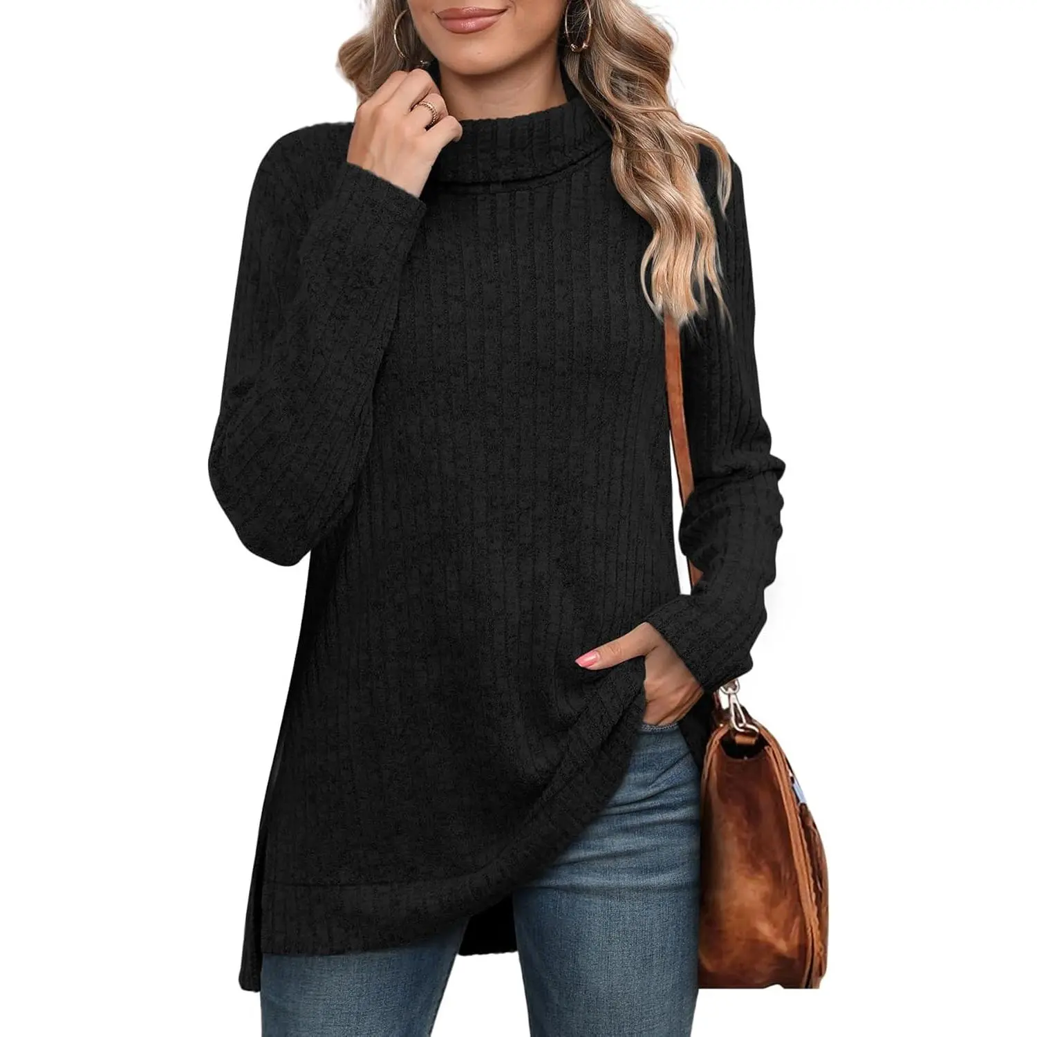 Women's Tunic Sweater, Casual Chic Oversized Turtleneck Knit Top with Long Sleeves and a High-Low Side Split Hem, Knitwear, Fashion, Lightweight, Longsleeves, Soft