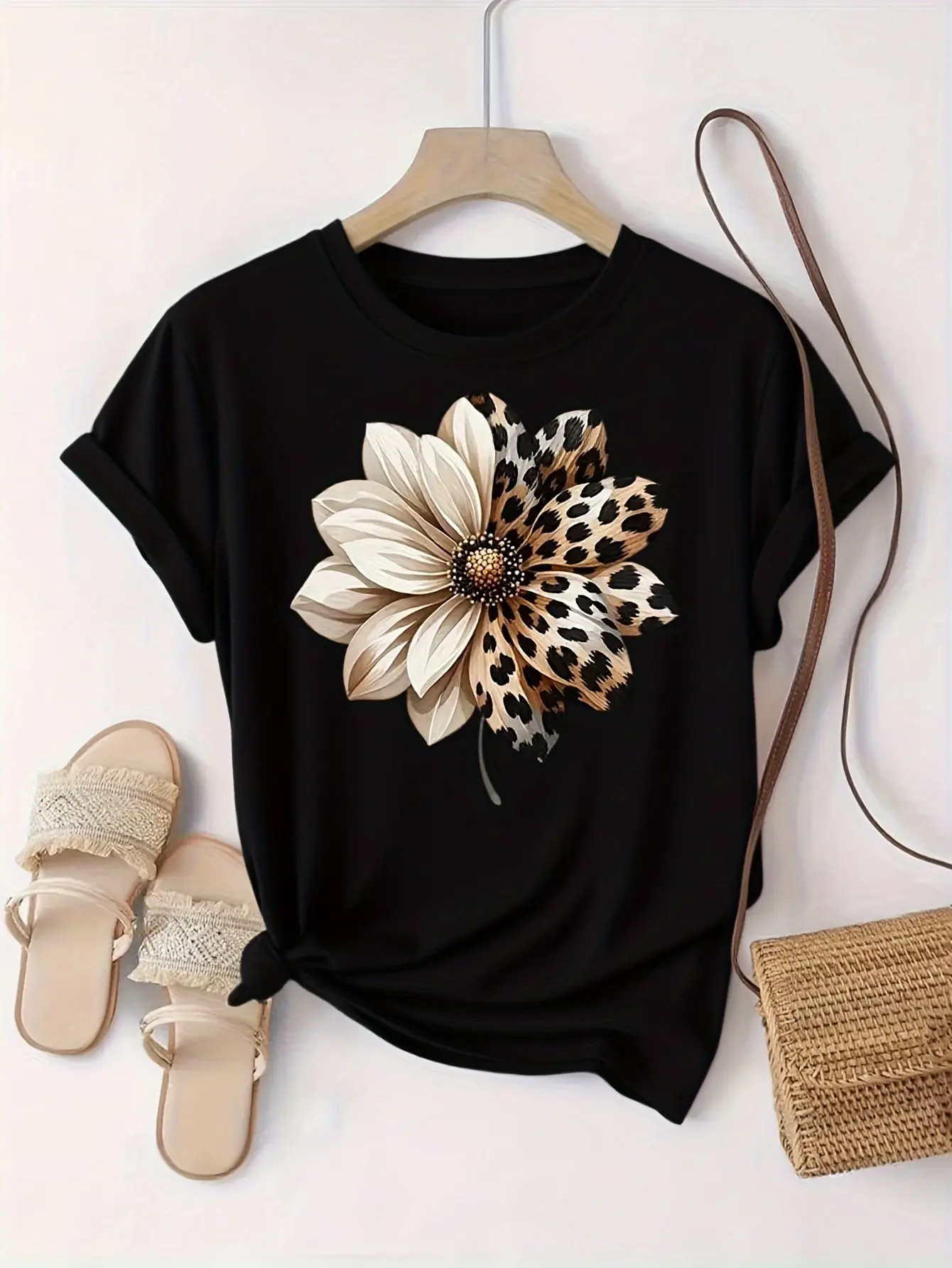 [Soft, Women's Loose T-Shirt] Soft & Breathable Women's Loose T-Shirt| Peach Short Sleeve Round Neck Casual & Party Top with Floral & Leopard Print-like Stripe Design - Machine Washable All-Season Daily Wear Shirt (H-Line Silhouette)