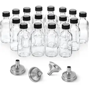 18 Pack, 2 oz Small Clear Glass Bottles w/ Lid & 4 Stainless Steel Funnels - 60ml Boston Sample Bottles - Mini Travel Essential or Decorative Bottles for Potion, Juice, Wellness, Ginger Shots, Whiskey