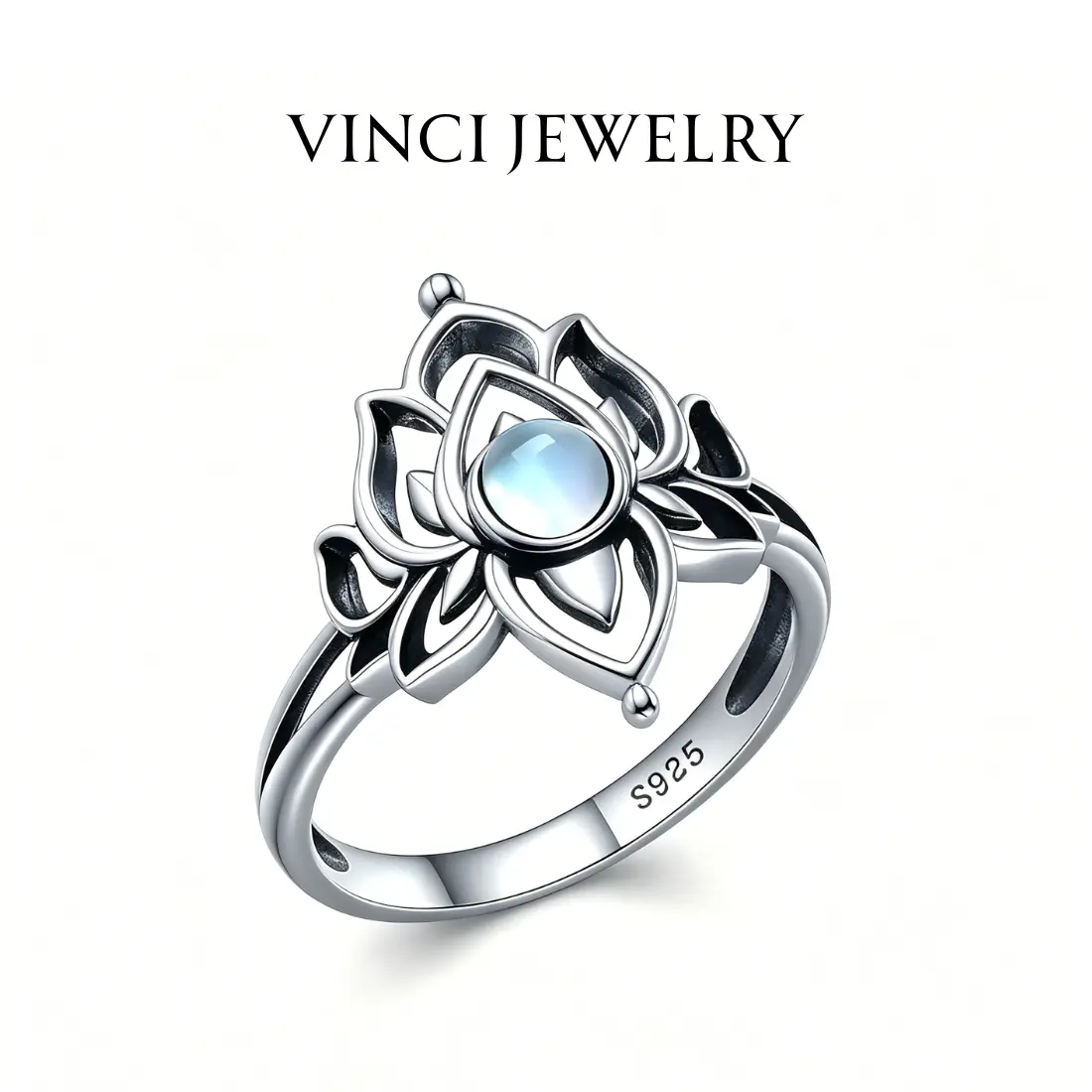 S925 Moonstone Lotus Ring for Women Girls Men Unisex, Steling Silver Vintage Spiritual Growth and Enlightenment Jewelry, Dark Goddess Hecate, Pagan, Wicca Healing Synthetic Moonstone Lotus Flower Jewelry, Gift for Mom Girlfriend Polished Gemstone