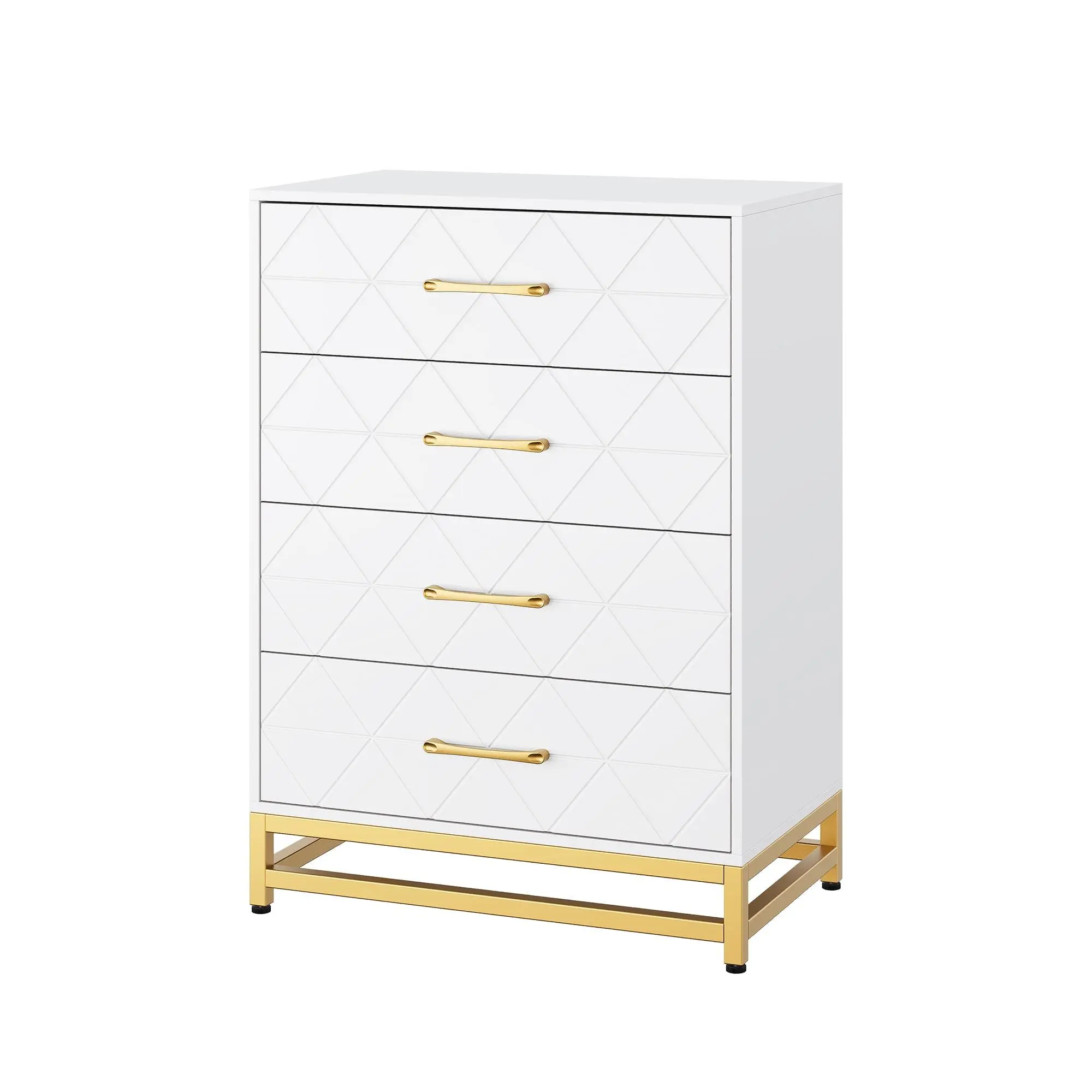 Storage Cabinet  4 Drawer Triangle Pattern Chest - MDF + PB + Iron  White  Compact Storage for Bedroom  Living Room  or Office