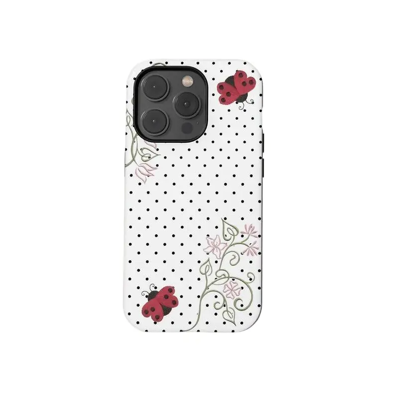 Polka dot ladybug phone case, cute Y2K art style, kawaii floral pattern, compatible with iPhone 17 Pro Max Plus Air/16/15/14/13/12/11/Plus and Samsung Galaxy S23FE/22/23/24/25.