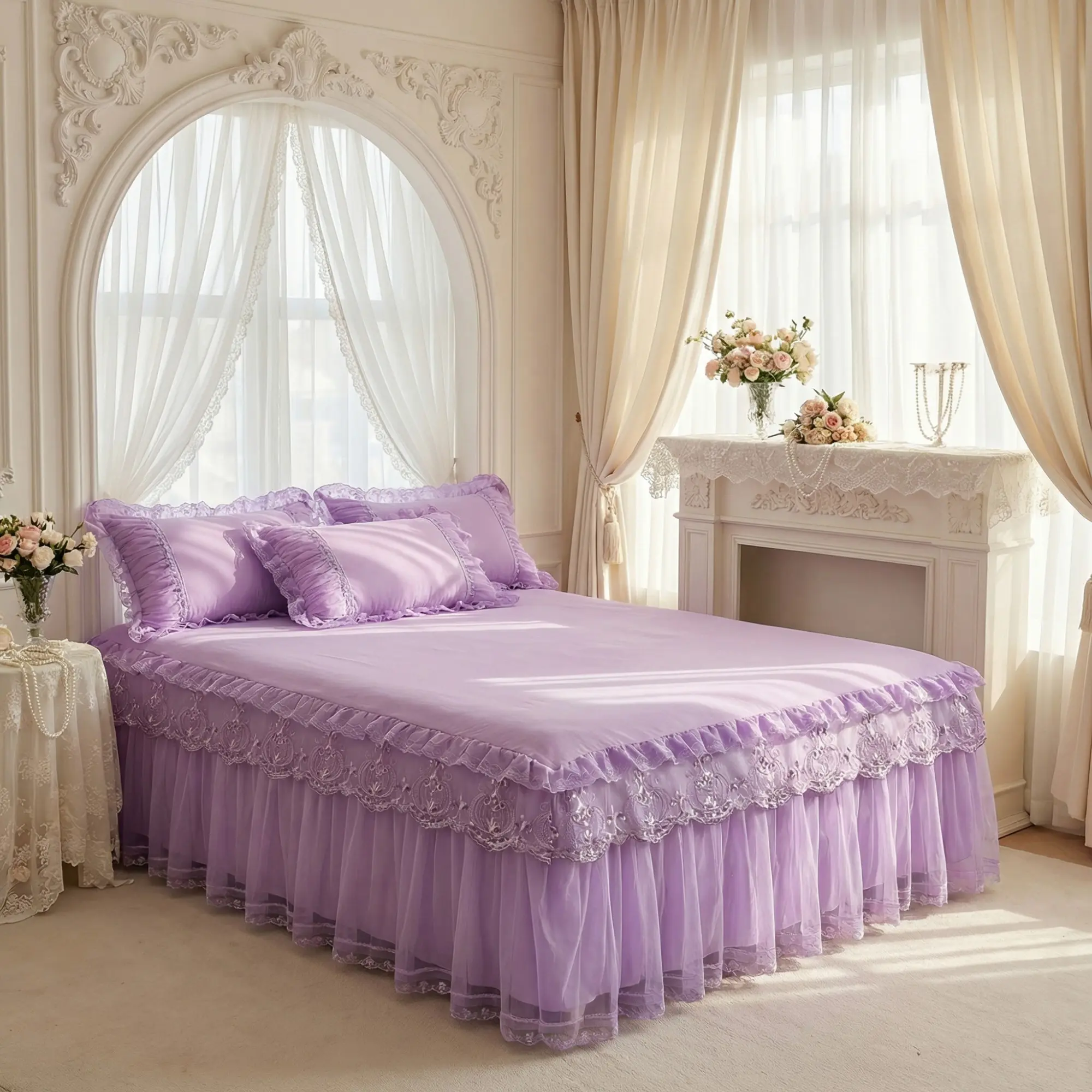 Luxurious French Princess Bedskirt Set, Pleated Decorative Bedding Set, Theme Bedding Set, Includes 1 Bedskirt and 2 Ruffled Pillowcases, Elegant Mattress Protector