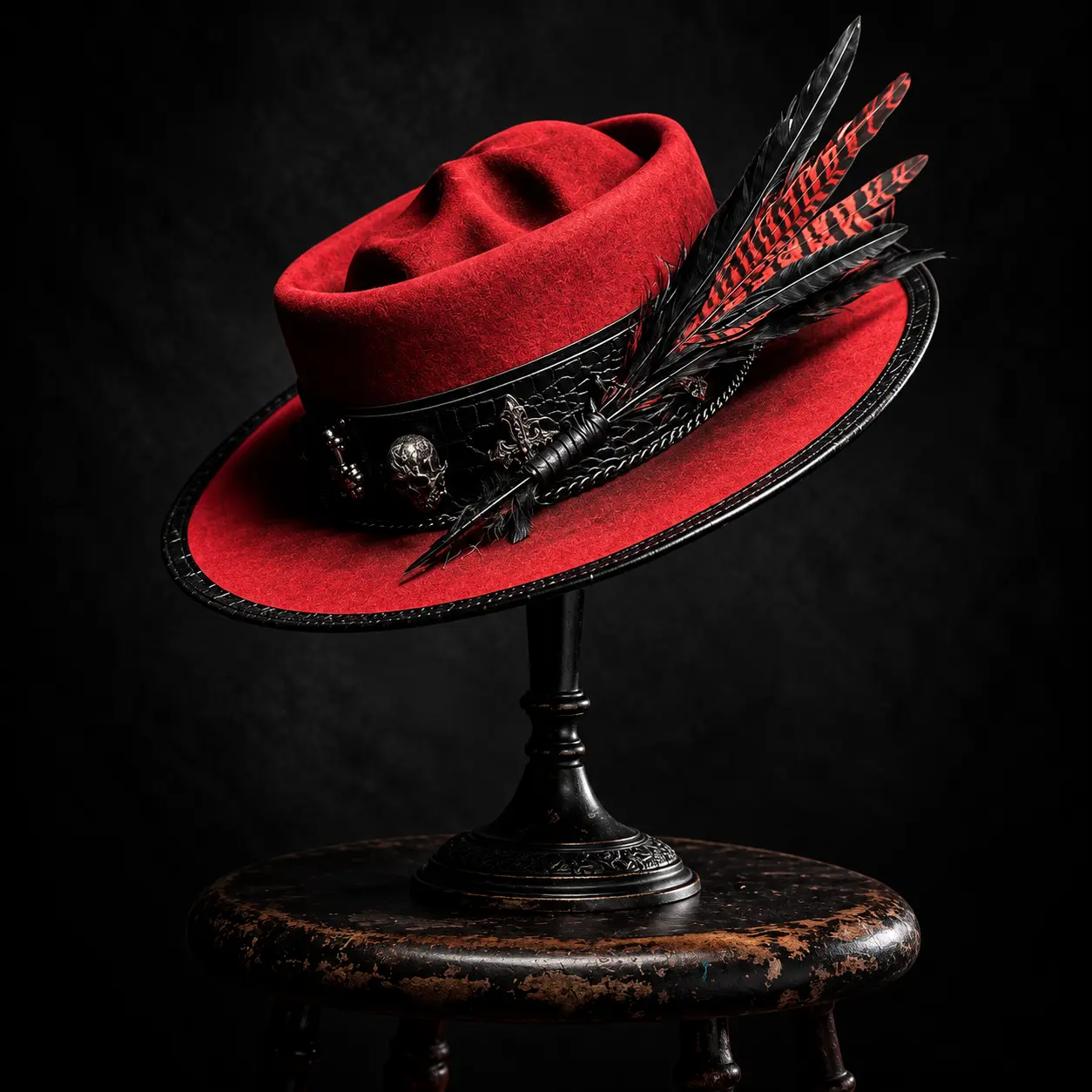 Gothic Western Fedora Hat with Skull & Feather Accents,Red & Black Wide Brim Cowboy Style Hat, Punk VintageStatement Hat for Men & Women