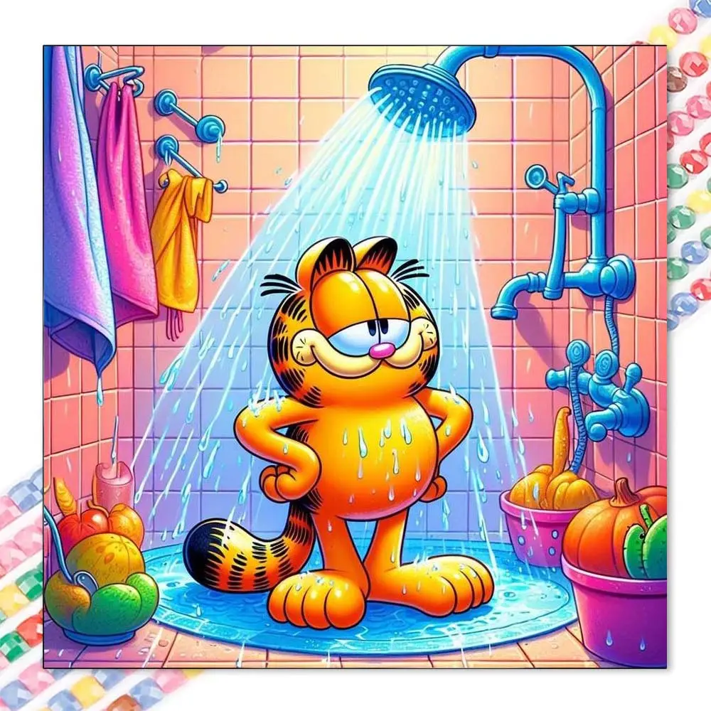 1 DIY diamond painting kit, 5D diamond art set, DIY decoration, Garfield, shower, bathroom diamond painting kit with full round diamonds, mosaic, diamond art, DIY art home decoration, suitable for Christmas.