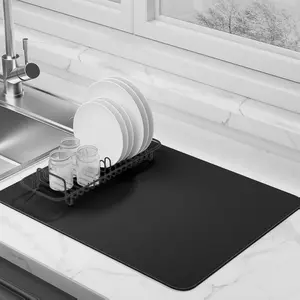 Super Absorbent Dish Drying Mat  Non-Slip, Heat Resistant & Easy Clean | Kitchen Counter Drainer Mat (Black, 11”x14”)