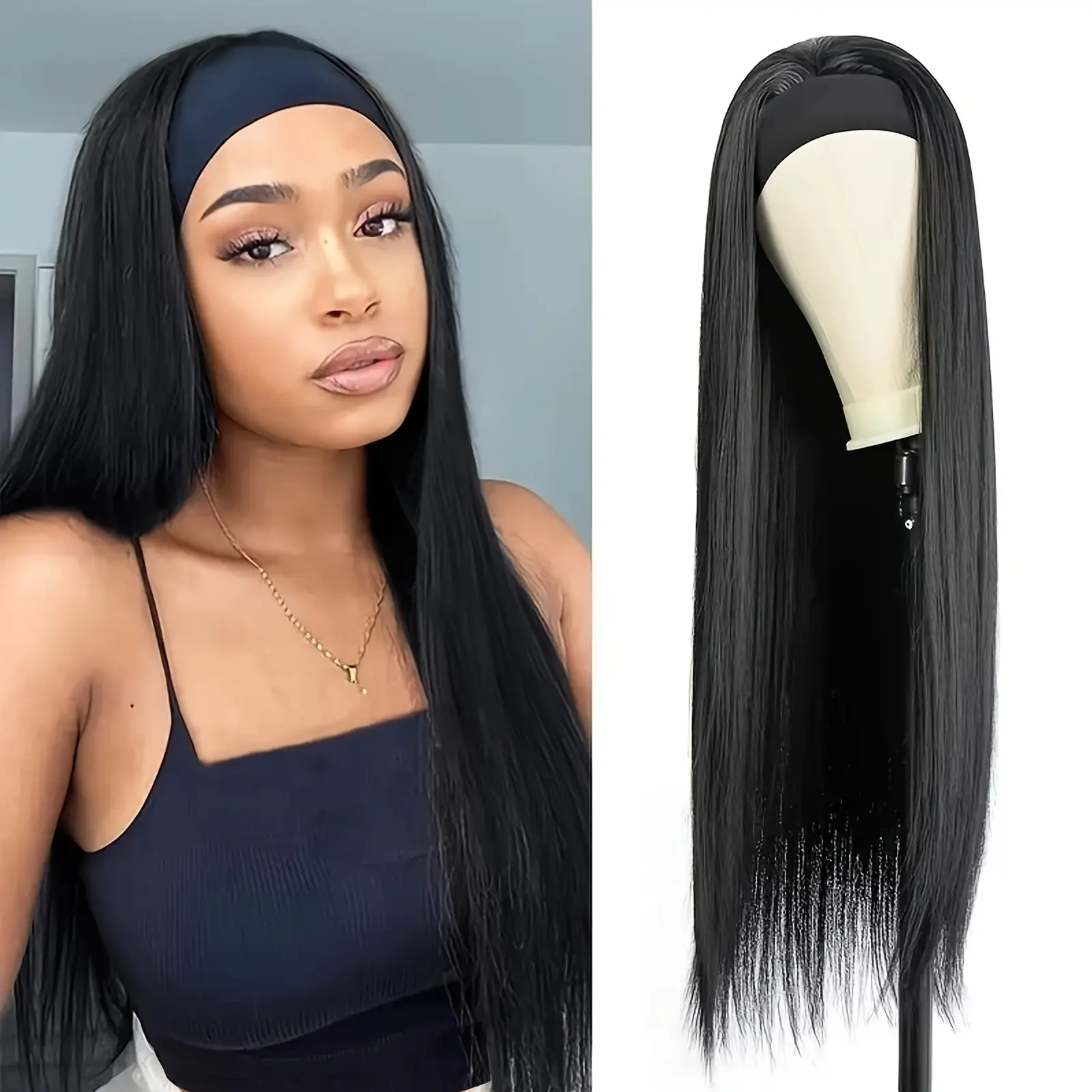 Bling Hair Straight Headband Human Hair Wig Black Heat Hair Women's Headband Wig Full Wigs Women For Daily Use 180 Density 14 to 26 Inches Hair Stylist Wig Front Lace Wig