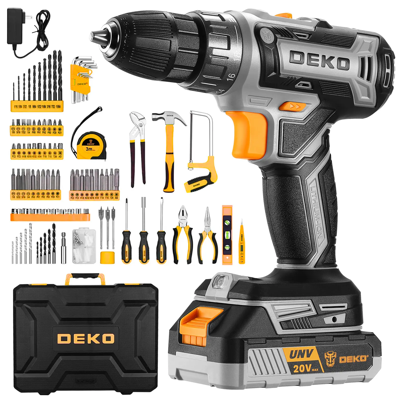 DEKO 20V Cordless Drill 186-Piece Multi-Functional Tool Set for Home DIY Projects, Repairs, and Daily Maintenance with Battery Drill, Power Tool, Wireless Drill Kit