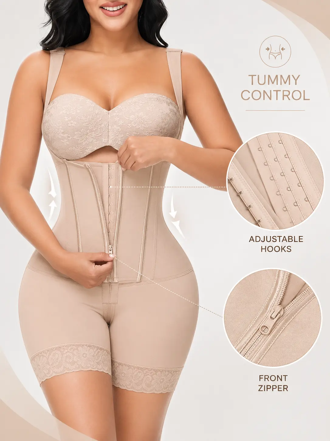Azazie Open Bust Shapewear Bodysuit for Women, Tummy Control Waist Cincher with Front Zipper, Adjustable Hooks, Butt Lifter Lace Shorts
