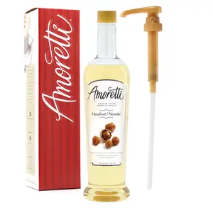Amoretti Premium Hazelnut Syrup - 94 Servings Per Bottle (750 ml), Perfect for Flavoring Coffees, Cocktails, and other Beverages, Gluten Free, GMO/GEO Free, Preservative Free, Pump Included
