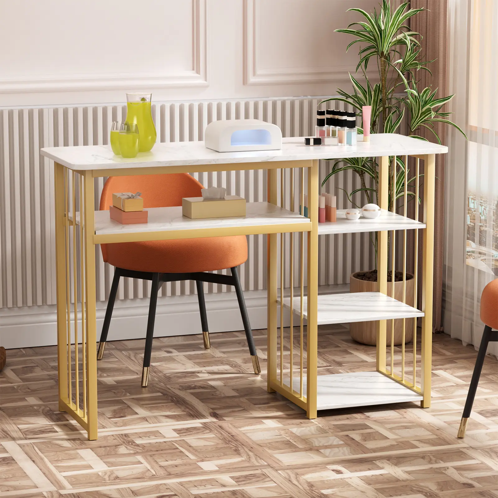 Professional Light Luxury Nail Tech Table & Chair Set - Salon Commercial Furniture, Manicure Desk with Built-in Vacuum Cleaner, Spacious Density Board Construction, Easy Assembly, Multi Shelves for Beauty Salons