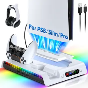 MENEEA Charging Stand with Cooling Fan for PS5 Original/Slim/Pro, Dual Controller Charger Station with 9 RGB Lights, Headset Hook, 3 Cooler Fans and LED, Accessories Kit for PS5/Slim/Pro Console