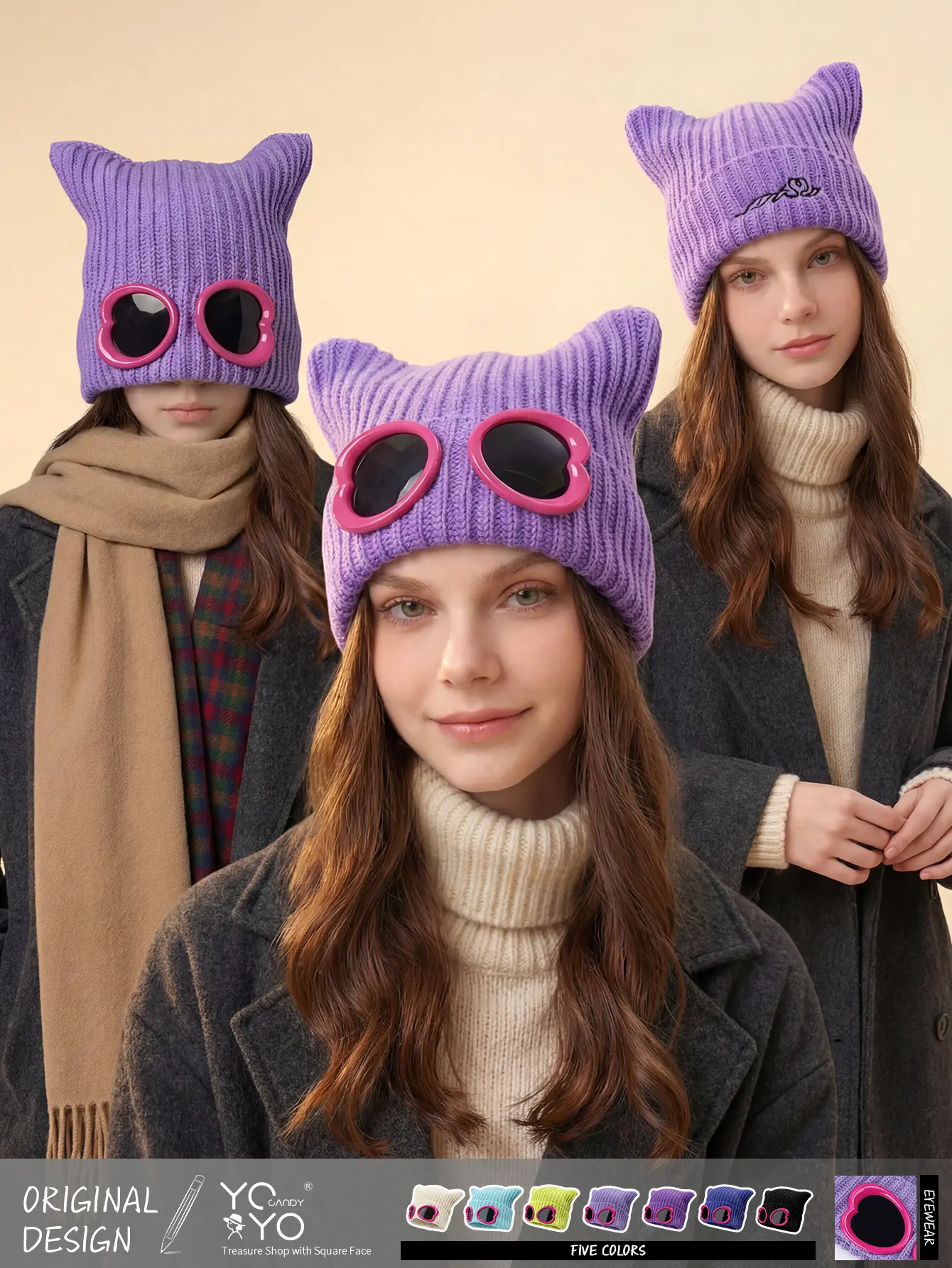 Original design: stylish, quirky, cool, and eye-protecting goggles with cat ears and yarn-covered hats for warmth and protection in autumn and winter. The hat features a heart-shaped design and is suitable for both men and women.