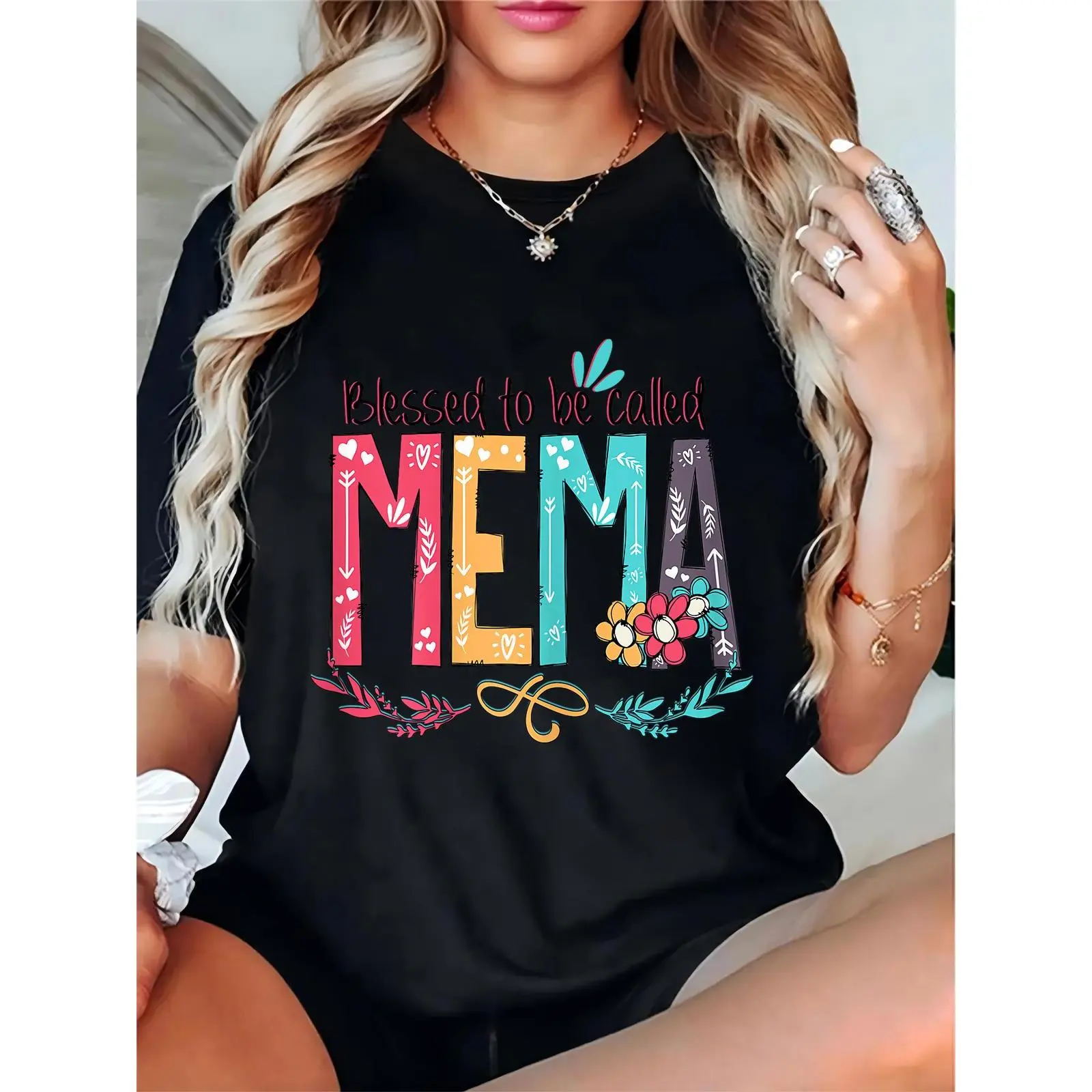 Women's Faith-Based Fashion Crew Neck Graphic T-Shirt, "Blessed to be Called MEMA" Print, 100% Cotton Short-Sleeve Casual Top, Lightweight Breathable Relaxed Fit, Tshirt, Round Neck, Pure Cotton, Streetwear