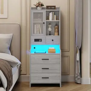 LED Tall Nightstand with Glass Door Storage Grey Modern Bedroom Dresser Wooden Vertical Chest