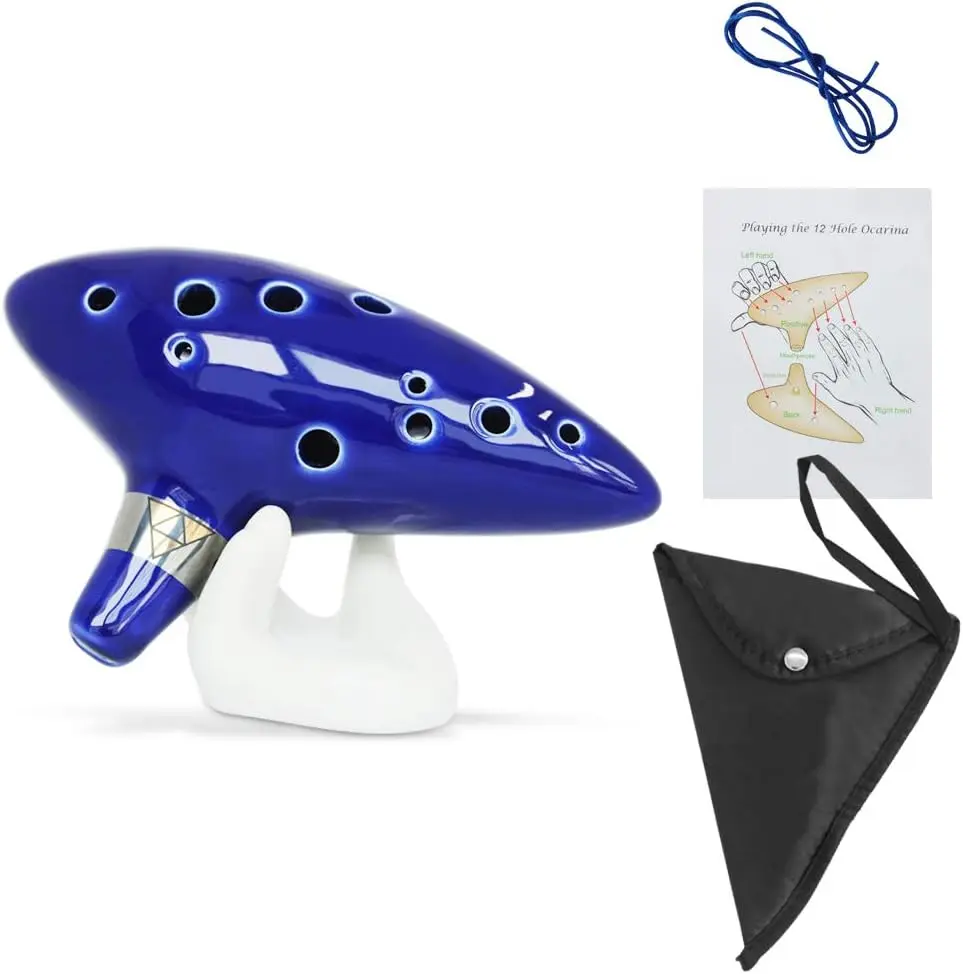 12-Hole Alto C Glazed Durable Ocarina Wind Instrument Toy with Natural Sound, Neck Strap Cord, Song Book, Gift Box, Hand-Shape Display Stand, Black Protective Bag - Boyfriend Gift Idea, Fans