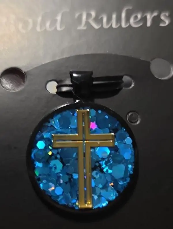 Unisex Round Gold Frequency-Infused Cross Charm Pendant - Blue Glitter Resin Christian-Believer Jewelry, EMF Shield Protection, Mood & Wellness Enhancement for Modern Harmony