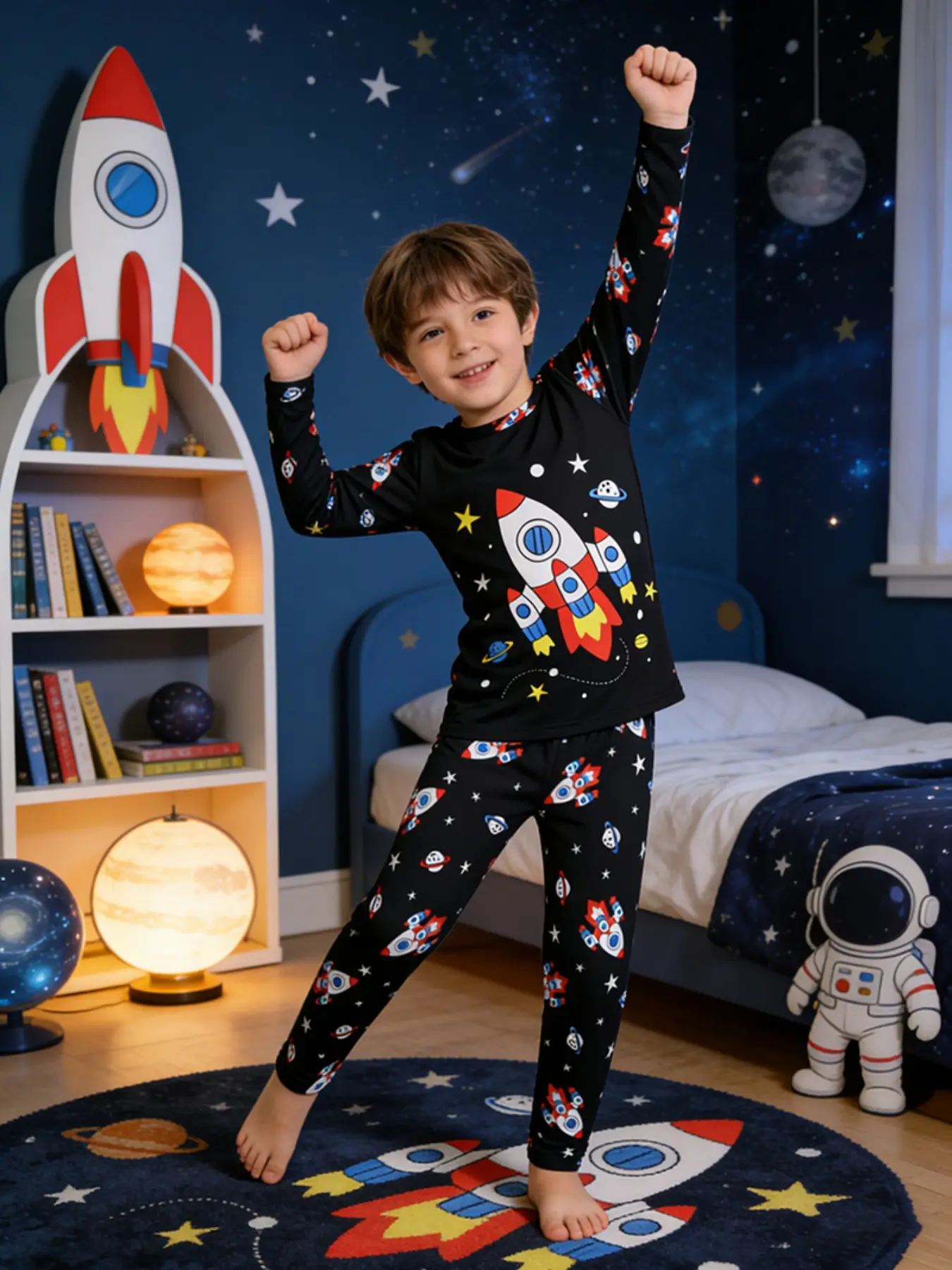 Boys' 2-Piece Cartoon Rocket Space Pattern Sleepwear Set, Spring & Fall Round Neck Long Sleeve Snug Fit Pajamas, Home Wear Suit, Cartoon Print Pajama, Pajama Outfit, Pajama Sets
