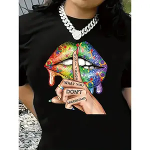 Women'S  Top , Designed with a Proud Moon Rainbow Lip Print, Includes a Round Short-Sleeve T-Shirt