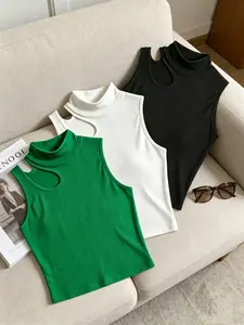 Women's Hollow Out Sleeveless Vest Set, Slim Fit Ribbed Knit Short Tank Tops, Summer Streetwear Layering Basics