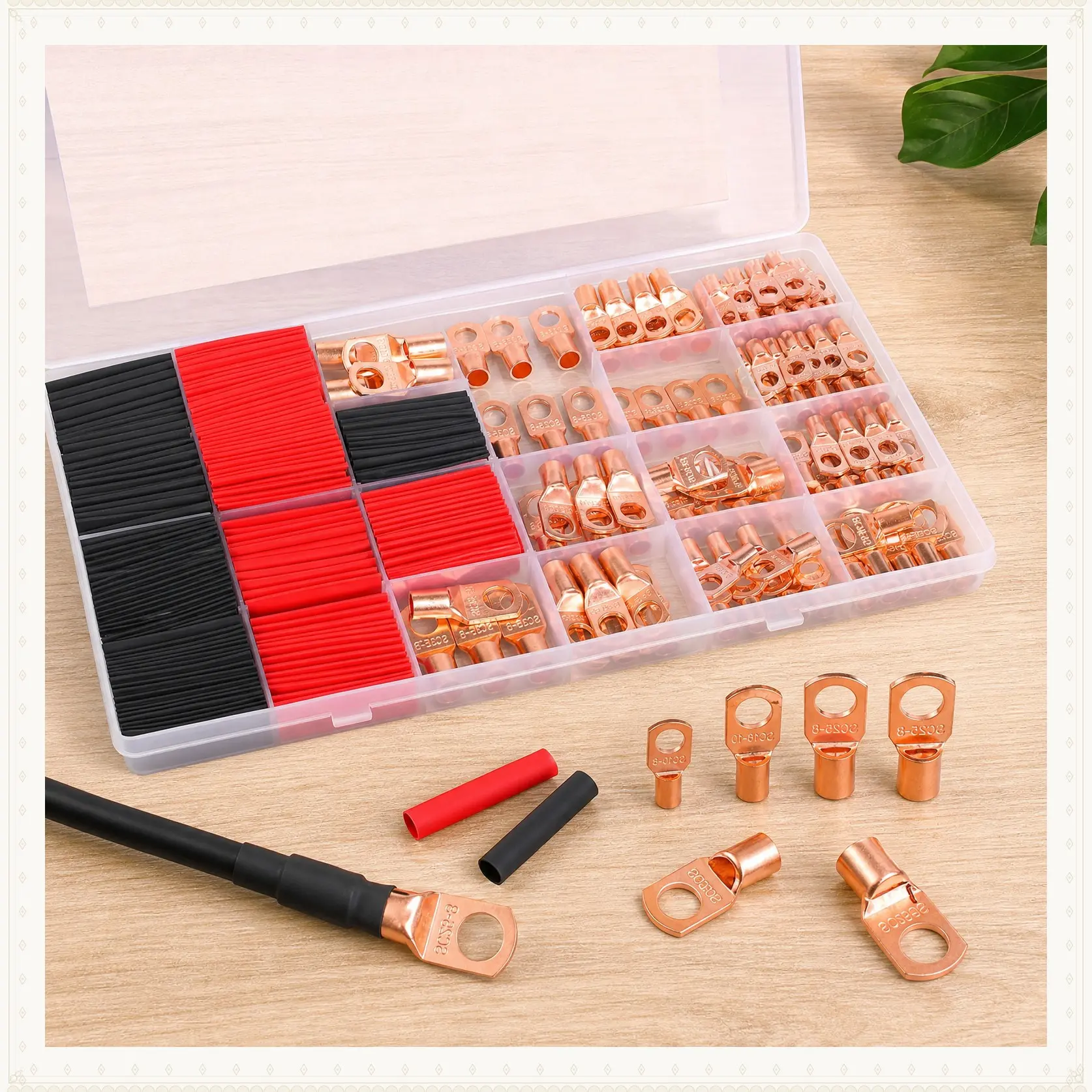 260 Pcs Hand Tools Kits,Copper Wire Lugs,Terminal Connectors,Used on AWG 12 10 8 6 4 2 Cable,Heat Shrink Set,Bare Copper Eyelets,Ring Terminals Connectors,120 Battery Cable Lugs Ends and 140 Heat Shrink Tubing,Summervibes