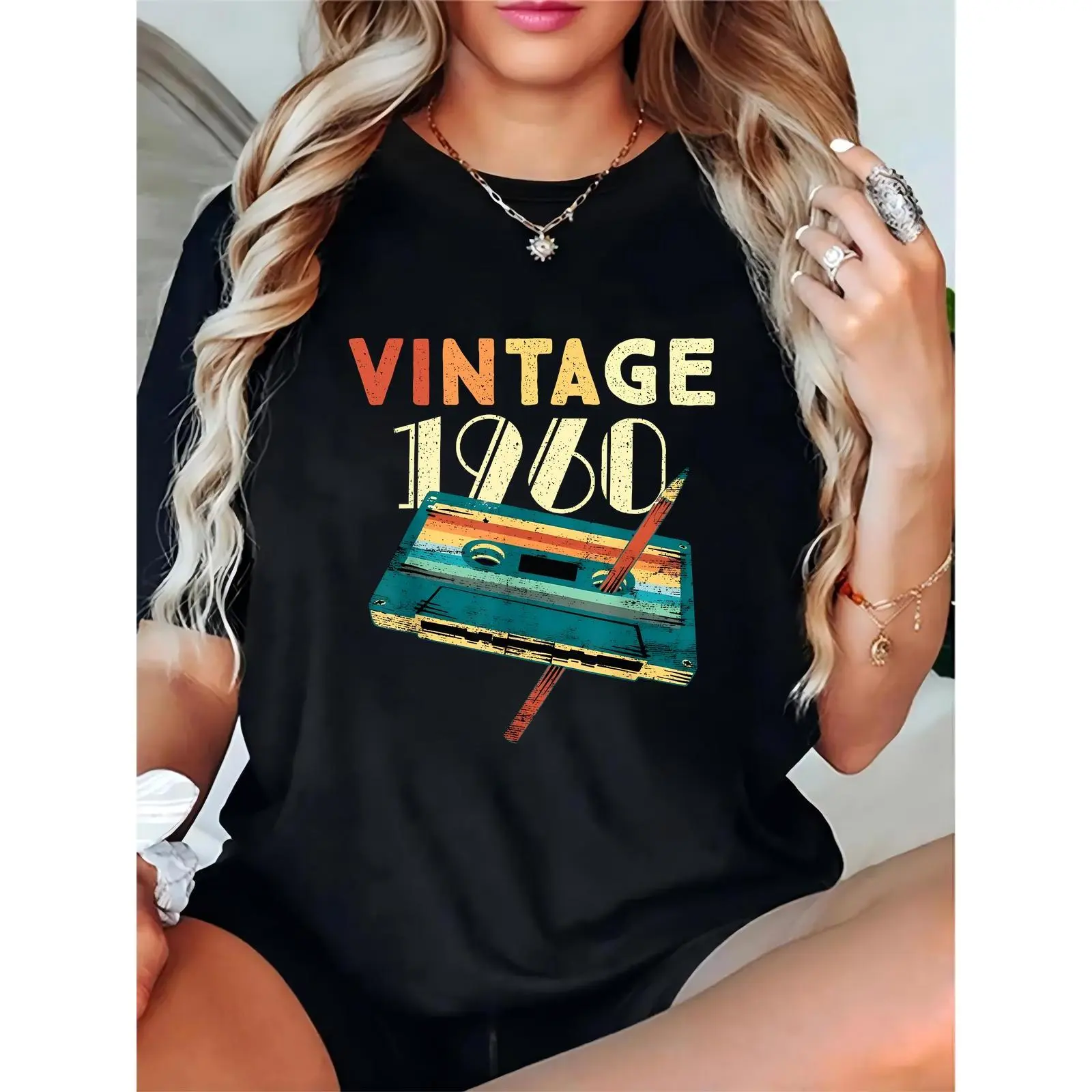 Women's Vintage Graphic T-Shirt with 1960 Cassette Print, Lightweight 100% Cotton Short Sleeve Round Neck Casual Top with a Relaxed Fit, Front Graphic Print Women's T-Shirts, Crew Neck, Breathable, Pure Cotton, No