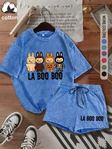 Washed cotton, two-piece women's fun Halloween theme "LA BOO BOO" cartoon pattern letter print T-shirt and shorts, casual short-sleeved T-shirt and shorts, women's four seasons two-piece suit, women's clothing