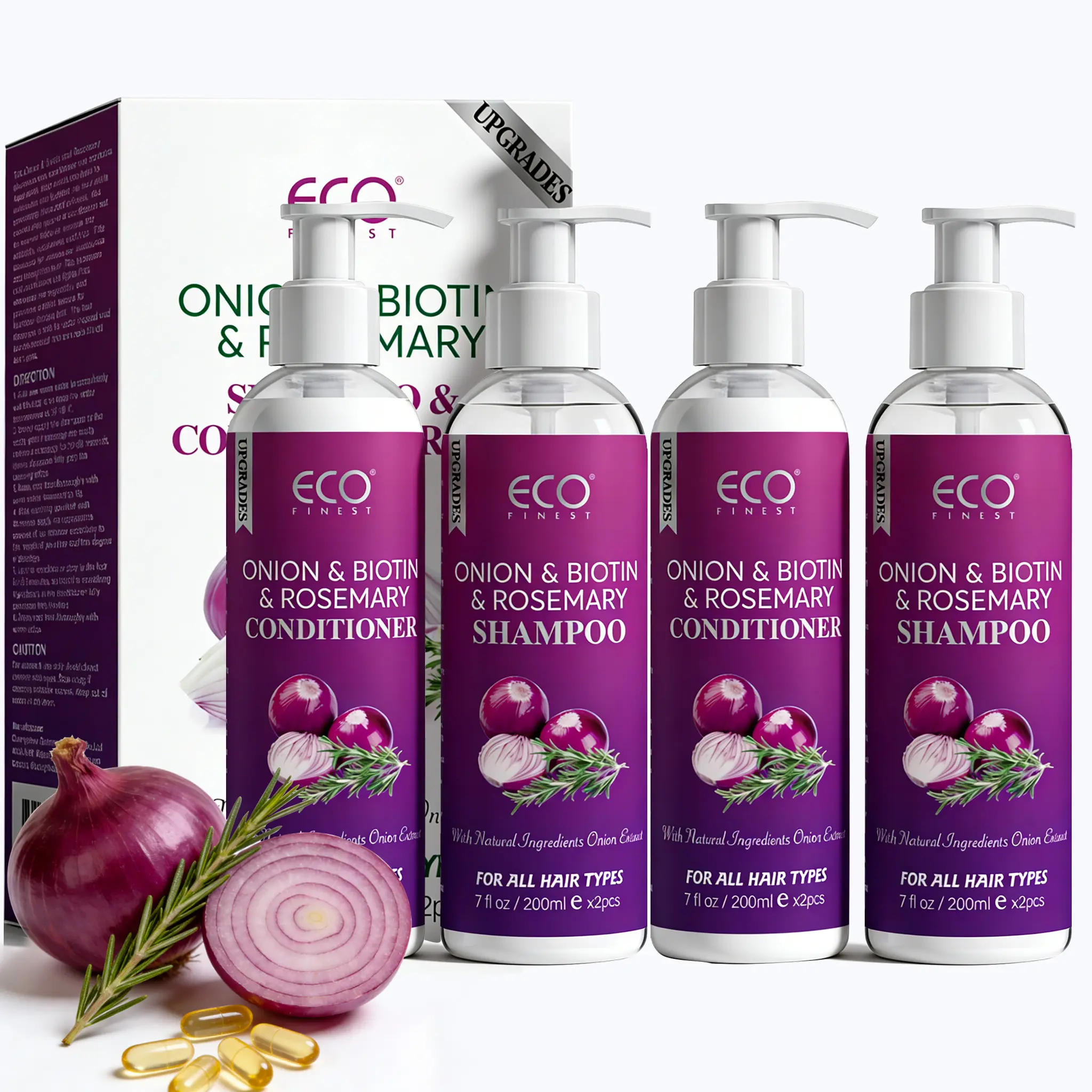 ECO Finest Biotin Shampoo and Conditioner Set with Onion & Rosemary, Hydrating & Volumizing Treatment for Damaged Hair, Gentle Moisturizer for All Hair Types, 2 x 200ml, Hydrate, Moisturizing, Daily, Moisture, All Types, Haircare, Repairing, Shiny Hair