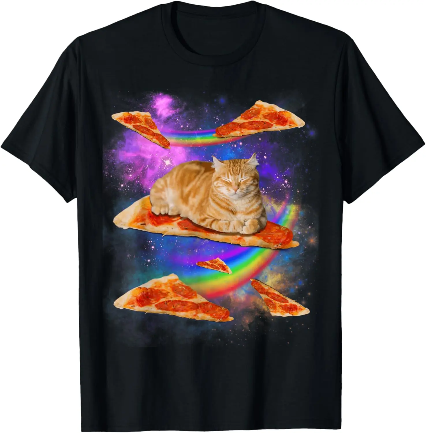 100% Cotton Funny Galaxy Cat In Space Cat Riding Pizza T-Shirt