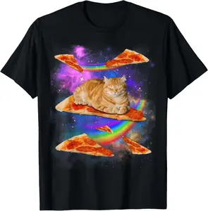 100% Cotton Funny Galaxy Cat In Space Cat Riding Pizza T-Shirt