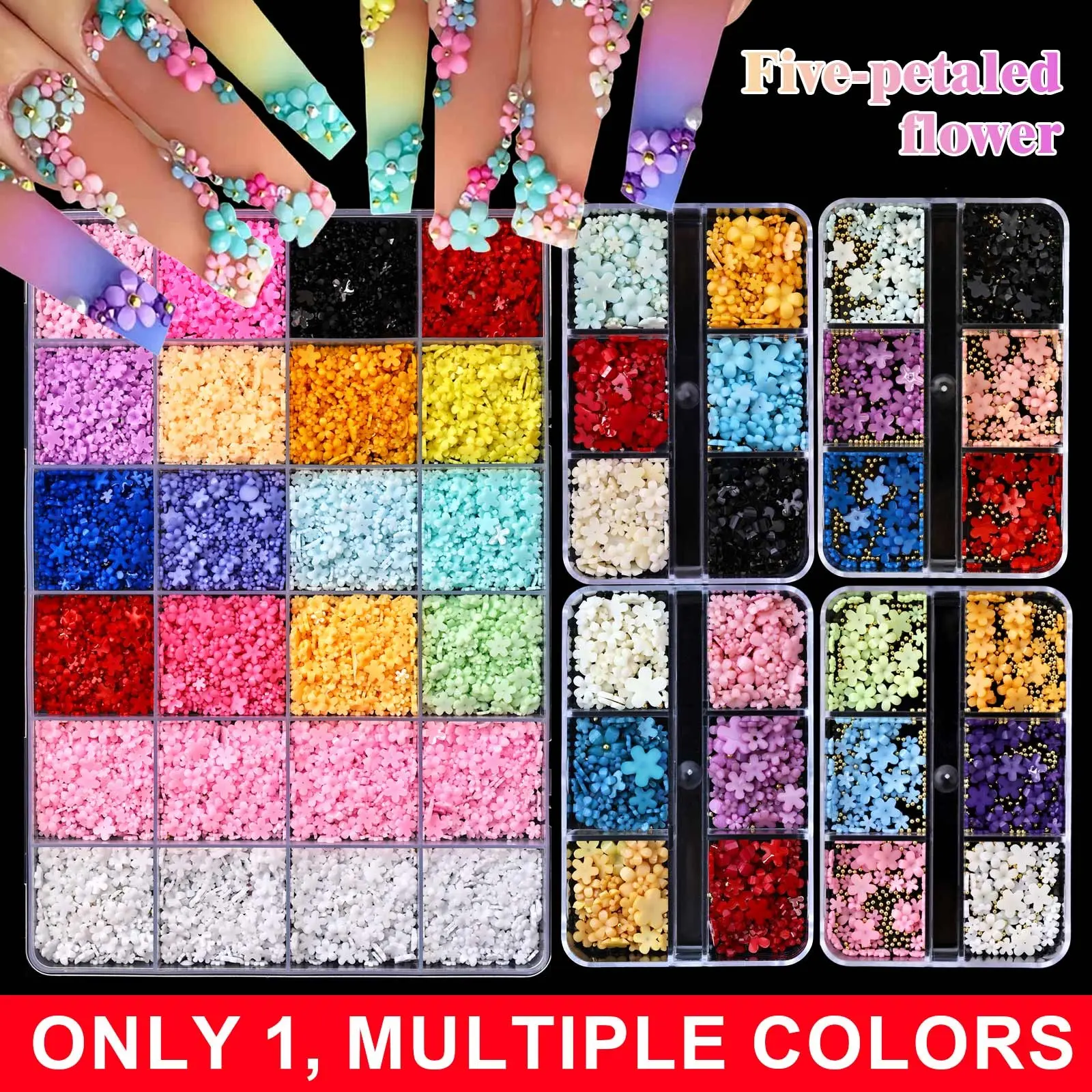 3D flower nail art decorations, various sizes of flower acrylic nail rhinestones with gold and silver pearls, used for DIY nail art supplies, specifically for nail salons Rhinestone Embellished