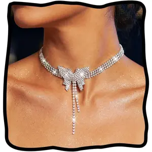 Rhinestone Choker Necklace Silver Diamond Row Necklaces Sparkly Crystal Prom Jewerly for Women