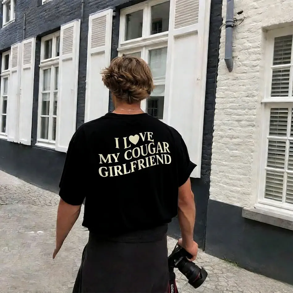 Men's Casual Graphic Tee, "I Love My Cougar Girlfriend" Cotton Blend T-Shirt, Athletic Shortsleeve Top for Boyfriend, Valentine's Day Gift, Custom Graphic Tee, Tshirt, Gifts For Boyfriend, Valentines Day, Fitted, 50/50 Cotton Poly, 2Xl, 3Xl, 4Xl, 5Xl, All