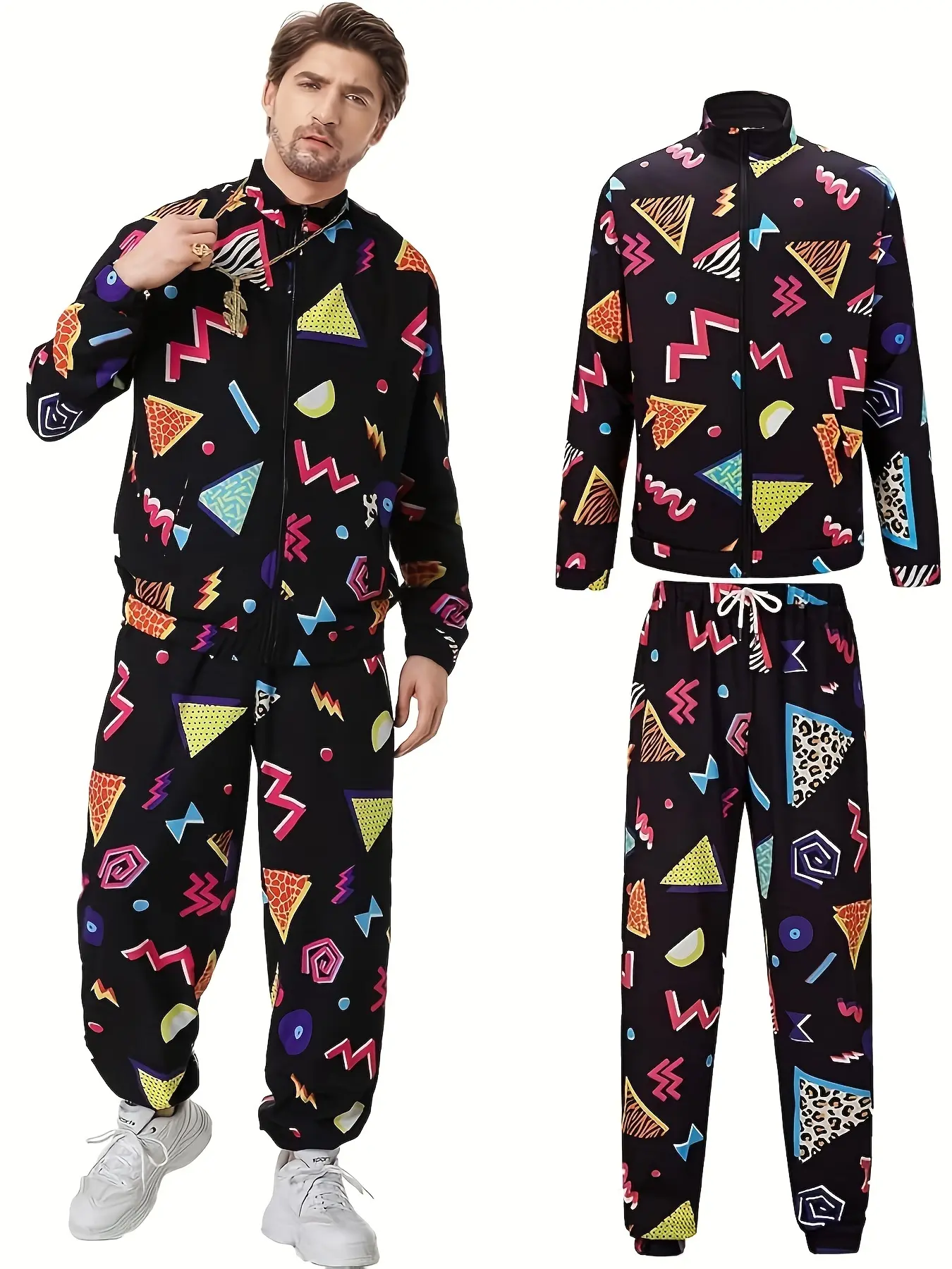 Men's 80s Vibe Polyester Printed 2-Piece Matching Tracksuit - S Size, Casual Jacket-Included, Colorful Disco Halloween Party Stage Costume (No Hat), Clothes, Fabric, Menswear, Geometric, Retro, Elastic, Long Sleeve, Zip, Track Suit, Black Background, Wrin