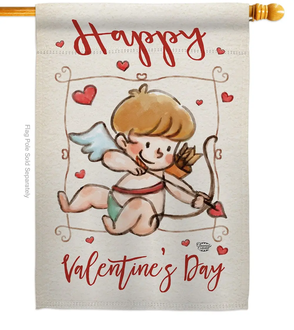 Double-Sided Polyester Large Size Rectangular Garden House Flag (Model H191109-BO) - 28"x40", 0.49 lbs, Fade Resistant, Weather Resistant, With Sleeve, Indoor-Outdoor Home Garden Decor, Happy Valentines Day Cupid Springtime Multi-Color Ornament