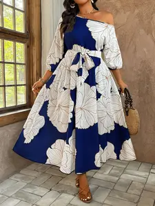 Elegant Multicolor Floral Pattern Off-Shoulder Plus Size Dress, Summer, Boho Bohemian Casual Wear, European & American Fashion, Stylish Women's Clothing, Womenswear