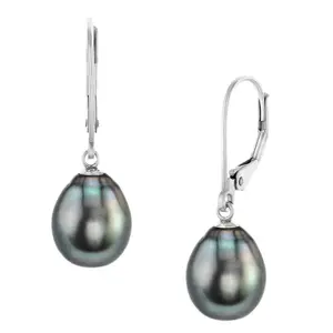 THE PEARL SOURCE Tahitian Real Pearl Earrings for Women - 14k Gold Leverback Earrings | Hypoallergenic Earrings with Genuine Drop Shape Tahitian Cultured Pearls, 9-10mm